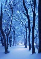 invierno paisaje en el bosque, Nevado clima en enero, hermosa paisaje en el Nevado bosque, un viaje a el norte, generar ai foto