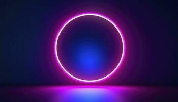 3d render, blue pink neon round frame, circle, ring shape, empty space, ultraviolet light, 80s retro style, fashion show stage, abstract background, generate ai photo