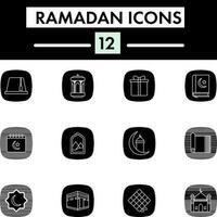 plano estilo conjunto de Ramadán icono en negro y blanco color. vector