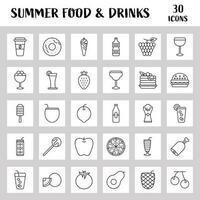 Black Stroke Summer Food and Drinks Icon Set. vector