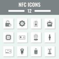 gris y blanco 12 nfc nuclear combustible complejo cuadrado icono colocar. vector