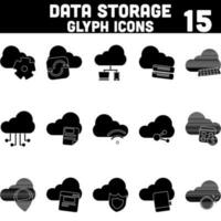 Glyph Style Data Storage Icon Set On White Background. vector