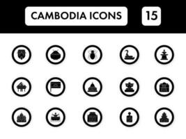 negro y blanco color conjunto de Camboya icono en plano estilo. vector