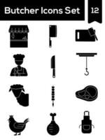 Glyph Style Butcher Icon Set On White Background. vector