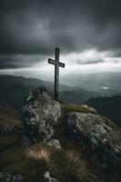 crucifixión de Jesús Cristo - cruzar a atardecer, generar ai foto