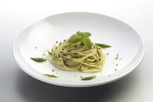 Traditional Italian spaghetti with asparagus in a herb sauce served as a top view on a Nordic design plate, generate ai photo