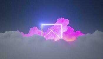 3d render, abstract minimal background with pink blue yellow neon light square frame with copy space, illuminated stormy clouds, glowing geometric shape, generate ai photo