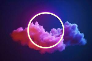 3d render, abstract cloud illuminated with neon light ring on dark night sky. Glowing geometric shape, round frame, generate ai photo