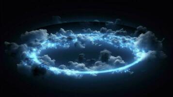 cloud clouds frame blue light, in the style of circular abstraction, 8k resolution, cosmic symbolism, dark symbolism, ethereal landscape, generat ai photo