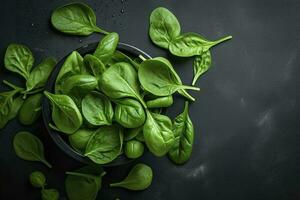 Fresh organic baby spinach leaves. Top view with copy space, generate ai photo