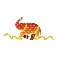 Red And Golden Square Geometric Cross Elephant Running With Ribbon On White Background. vector