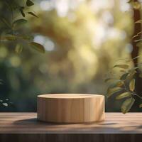 Wooden product display podium with blurred nature leaves background photo