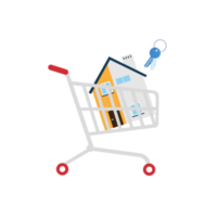 House and house keys in a shopping cart, real estate concept png