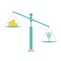 The cost of energy concept weighing scale with electric lamp on one plate and cash money on the other side png