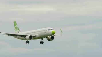 NOVOSIBIRSK, RUSSIAN FEDERATION JULY 15, 2022 - Airbus A320 of S7 Airlines approaching before landing at Tolmachevo airport. Footage of a passenger plane flies. Tourism and travel concept video