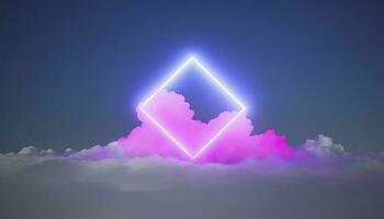 3d render, abstract minimal background with pink blue yellow neon light square frame with copy space, illuminated stormy clouds, glowing geometric shape, generate ai photo