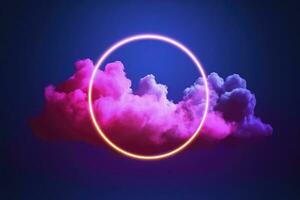 3d render, abstract cloud illuminated with neon light ring on dark night sky. Glowing geometric shape, round frame, generate ai photo
