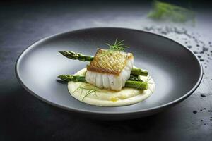 Traditional Fried Skrei Cod Fish Fillet with Green Asparagus Tips and Mashed Potato Cream in Parmesan Olive Oil Sauce as Closeup on a Modern Design Plate with Copy Space, generate ai photo