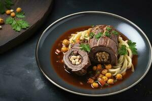 Traditional slow cooked German Wagyu beef roulades with gnocchetti sardi noodles in a spicy gravy as a top view on a Nordic design plate with copy space on the right, generate ai photo