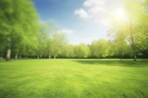 Beautiful blurred background image of spring nature with a neatly trimmed lawn surrounded by trees against a blue sky with clouds on a bright sunny day, generate ai photo