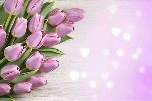 Wooden pink background with fresh spring tulips and empty copy space heart shape decoration made of wood , generate ai photo