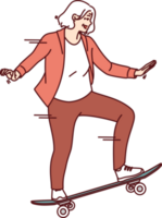 Elderly woman rides skateboard enjoying free time and being active in old age after retirement png