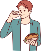 Man with burger licks fingers and enjoys reception of fast food bought in street restaurant png