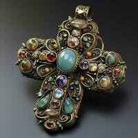 Cross Bressane Bressans Enamels Pendant Turquoises Cabochons Flowers Nineteenth, generate ai photo