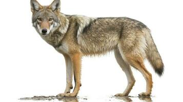 A lone coyote Canis latrans isolated on white background w in the winter snow in Canada, generate ai photo