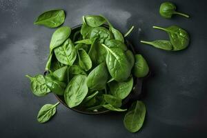 Fresh organic baby spinach leaves. Top view with copy space, generate ai photo