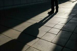 oscuro sombra de un solitario persona en el suelo en el calle. desconocido con un cigarrillo. ansiedad, depresión, soledad, temor concepto, generar ai foto