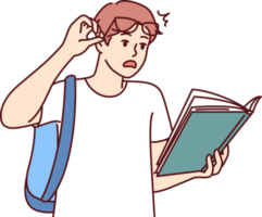 Shocked guy student with book reads amazing smart facts in textbook which causes wow effect png