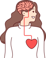 kvinna ser bort med visuell demonstration av förbindelse mellan hjärna och hjärta png