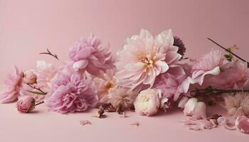 pink flowers composition over pastel background, generate ai photo