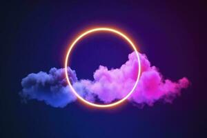 3d render, abstract cloud illuminated with neon light ring on dark night sky. Glowing geometric shape, round frame, generate ai photo