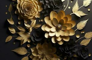 3d mural floral fondo de pantalla. dorado y negro flores y hojas. 3d hacer antecedentes pared decoración, generar ai foto