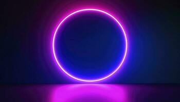 3d render, blue pink neon round frame, circle, ring shape, empty space, ultraviolet light, 80s retro style, fashion show stage, abstract background, generate ai photo