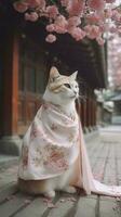 A cute miniature kitten in a gorgeous Chinese dress, shawl wedding dress, chiffon material, floor - length skirt with embroidery and laceg, generate ai photo