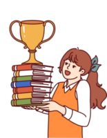 Schoolgirl with books and cup for winning olympiad rejoices at good marks for test png