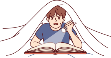 Boy with flashlight reads book lying under covers and is frightened by story from fictional novel. png