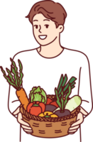 Man with basket of vegetables smiles and recommends going vegan or eating organic raw food png