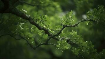 Earth Day and World Environment Day, Spring, Tropical tree leaves and branch with beautiful green forest background, generate ai photo