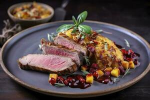 Traditional roasted Italian panettone tagliata di manzo with sliced beef steak and vegetables served close-up on a Nordic design plate, generate ai photo