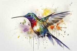 Create a beautiful painting of a hummingbird feeding on nectar watercolor painting, beautiful natural forms, crisp clean shapes, colorful, white background, generate ai photo