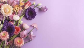 multicolored spring flowers on purple background , generate ai photo