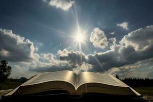 Open Book Bible on wood background outdoor God's promises in daily life, generate ai photo