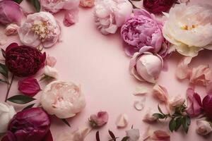 peonias, rosas en rosado antecedentes con Copiar espacio. resumen natural floral marco diseño con texto espacio. romántico femenino composición. Boda invitación , generar ai foto