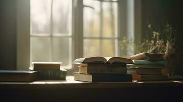 apilar de antiguo libros en naturaleza en de madera tablero con borroso verde fondo, generar ai foto