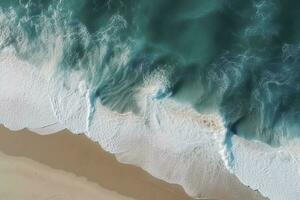 Oceano olas en el playa como un antecedentes. hermosa natural verano vacaciones Días festivos antecedentes. aéreo parte superior abajo ver de playa y mar con azul agua ondas, generar ai foto