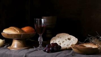 Adjarian khinkali and khachapuri with wine and sauce on a wooden table and stands, generate ai photo